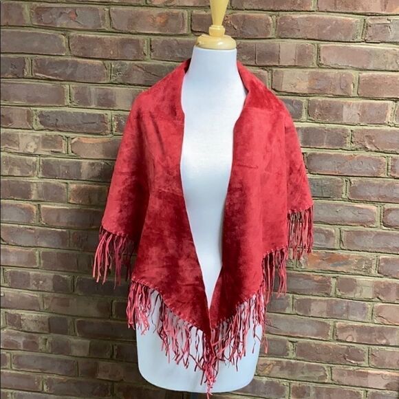 Central Falls Red Suede Fringed Cape Shawl - Picture 3 of 14